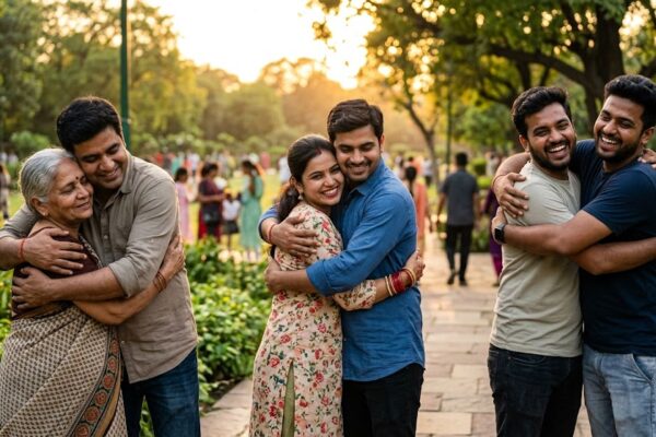 एक हरे-भरे पार्क में भावुक आलिंगन का दृश्य, जहां एक युवा दंपति, एक मां और उसका बेटा तथा दो मित्र एक-दूसरे को गले लगाकर प्रेम, अपनापन और भावनात्मक जुड़ाव का एहसास कर रहे हैं।