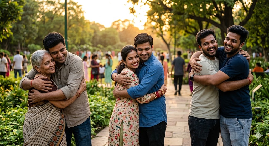 एक हरे-भरे पार्क में भावुक आलिंगन का दृश्य, जहां एक युवा दंपति, एक मां और उसका बेटा तथा दो मित्र एक-दूसरे को गले लगाकर प्रेम, अपनापन और भावनात्मक जुड़ाव का एहसास कर रहे हैं।