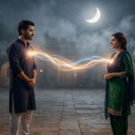 चांदनी रात में खड़े एक भारतीय स्त्री और पुरुष के बीच रौशनी की आध्यात्मिक डोर, जो रूहानी प्रेम और आत्माओं के गहरे जुड़ाव का प्रतीक है।