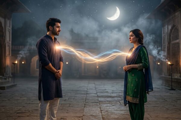 चांदनी रात में खड़े एक भारतीय स्त्री और पुरुष के बीच रौशनी की आध्यात्मिक डोर, जो रूहानी प्रेम और आत्माओं के गहरे जुड़ाव का प्रतीक है।