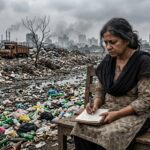 सूखी नदी, कूड़े के पहाड़ और प्लास्टिक से ढके शहर को देखते हुए एक लेखिका डायरी में लिखती हुई, पर्यावरणीय चिंता और संवेदनशीलता को दर्शाता दृश्य।