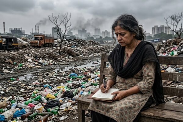 सूखी नदी, कूड़े के पहाड़ और प्लास्टिक से ढके शहर को देखते हुए एक लेखिका डायरी में लिखती हुई, पर्यावरणीय चिंता और संवेदनशीलता को दर्शाता दृश्य।