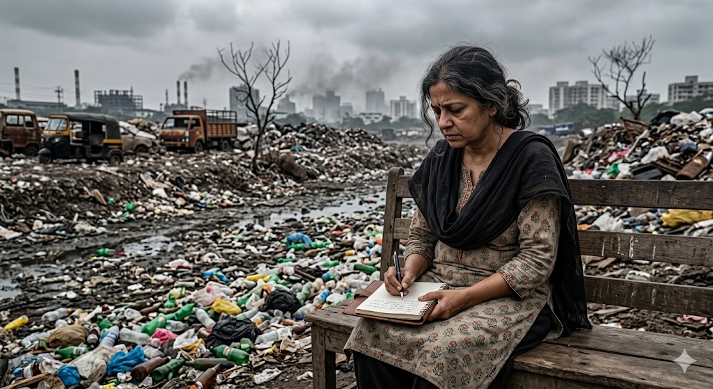 सूखी नदी, कूड़े के पहाड़ और प्लास्टिक से ढके शहर को देखते हुए एक लेखिका डायरी में लिखती हुई, पर्यावरणीय चिंता और संवेदनशीलता को दर्शाता दृश्य।