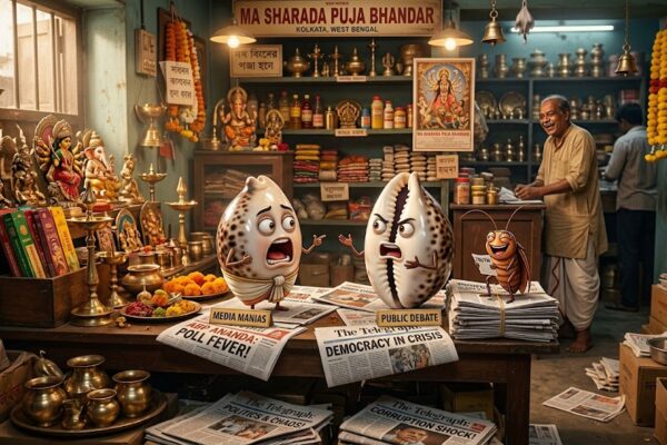 पूजा सामग्री की दुकान में आपस में चर्चा करती दो कौड़ियाँ और पास में हँसता हुआ कॉकरोच, जो सामाजिक और मीडिया व्यंग्य का प्रतीक है।