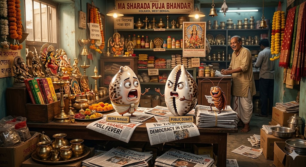 पूजा सामग्री की दुकान में आपस में चर्चा करती दो कौड़ियाँ और पास में हँसता हुआ कॉकरोच, जो सामाजिक और मीडिया व्यंग्य का प्रतीक है।