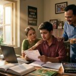 परीक्षा परिणाम के बाद चिंतित विद्यार्थी को हौसला देते माता-पिता, आशा और सकारात्मक सोच का प्रेरणादायक दृश्य