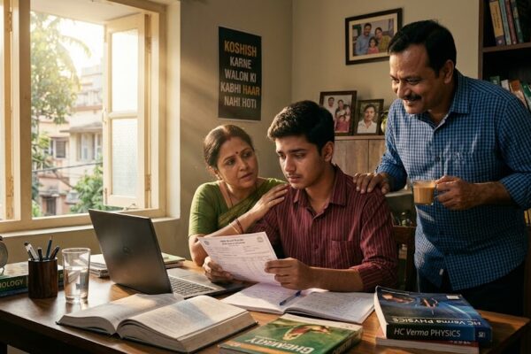 परीक्षा परिणाम के बाद चिंतित विद्यार्थी को हौसला देते माता-पिता, आशा और सकारात्मक सोच का प्रेरणादायक दृश्य