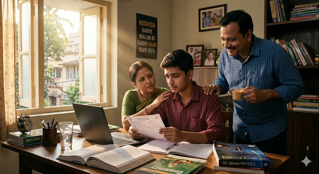 परीक्षा परिणाम के बाद चिंतित विद्यार्थी को हौसला देते माता-पिता, आशा और सकारात्मक सोच का प्रेरणादायक दृश्य