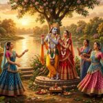 मोर मुकुट धारण किए भगवान श्रीकृष्ण, हाथ में बांसुरी, वृंदावन के कुंजों में राधा और गोपियों के साथ दिव्य रासलीला का मनमोहक दृश्य।