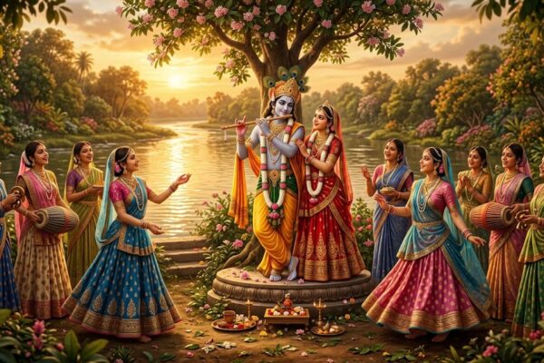 मोर मुकुट धारण किए भगवान श्रीकृष्ण, हाथ में बांसुरी, वृंदावन के कुंजों में राधा और गोपियों के साथ दिव्य रासलीला का मनमोहक दृश्य।