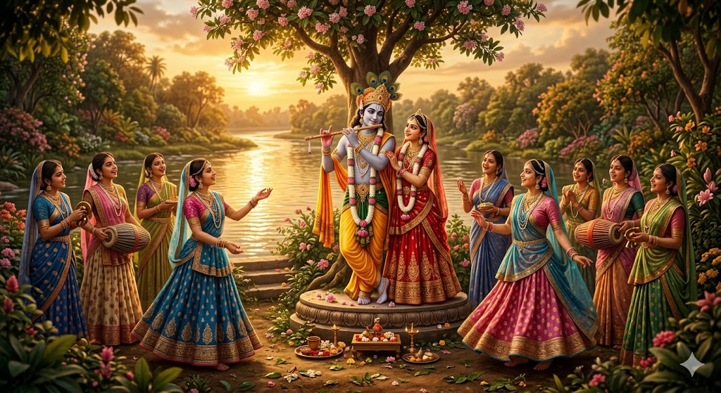 मोर मुकुट धारण किए भगवान श्रीकृष्ण, हाथ में बांसुरी, वृंदावन के कुंजों में राधा और गोपियों के साथ दिव्य रासलीला का मनमोहक दृश्य।