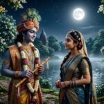 पूर्णिमा की रात वृंदावन के वातावरण में बांसुरी लिए कृष्ण और उनके सामने भावपूर्ण मुद्रा में खड़ी राधा, आध्यात्मिक प्रेम और एकात्म का प्रतीकात्मक दृश्य।