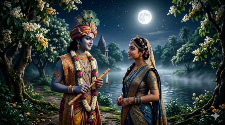 पूर्णिमा की रात वृंदावन के वातावरण में बांसुरी लिए कृष्ण और उनके सामने भावपूर्ण मुद्रा में खड़ी राधा, आध्यात्मिक प्रेम और एकात्म का प्रतीकात्मक दृश्य।