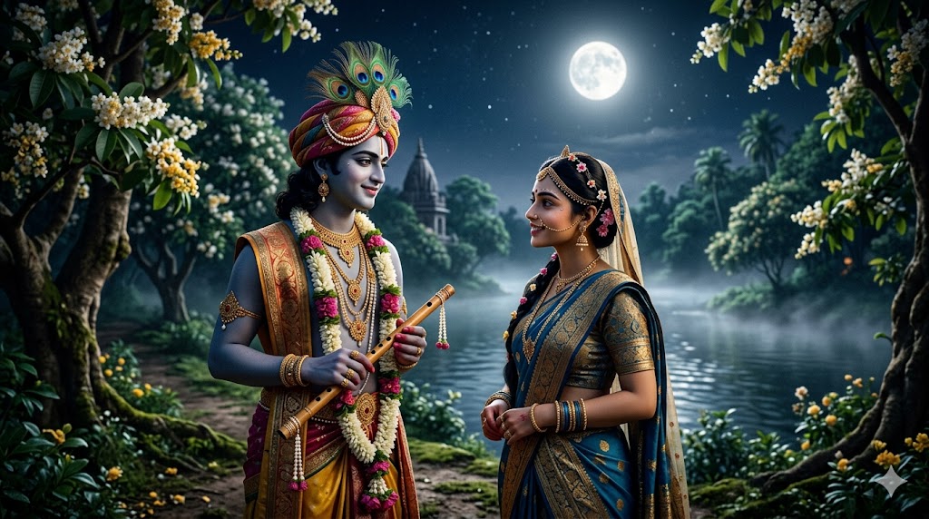 पूर्णिमा की रात वृंदावन के वातावरण में बांसुरी लिए कृष्ण और उनके सामने भावपूर्ण मुद्रा में खड़ी राधा, आध्यात्मिक प्रेम और एकात्म का प्रतीकात्मक दृश्य।