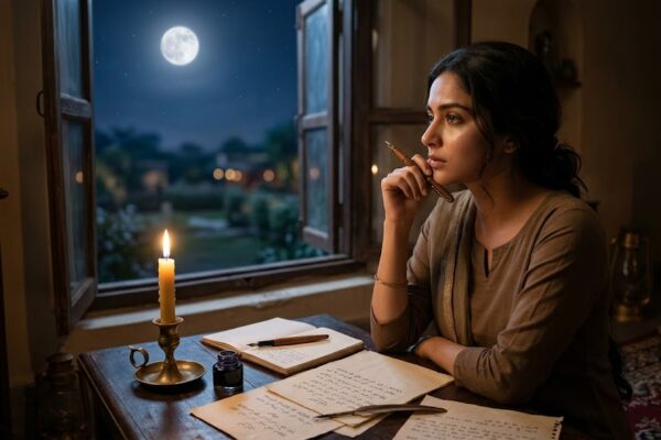 चाँदनी रात में प्रेमी की यादों में खोया एक शायर, इश्क़ और मोहब्बत की भावनाओं से सराबोर दृश्य