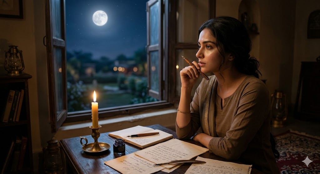 चाँदनी रात में प्रेमी की यादों में खोया एक शायर, इश्क़ और मोहब्बत की भावनाओं से सराबोर दृश्य