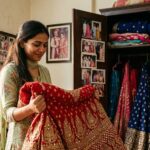 अलमारी में टंगे रंग-बिरंगे लेहंगे को देखती एक भारतीय महिला, शादी और पारिवारिक यादों में खोई हुई, भावनात्मक और यथार्थवादी दृश्य।