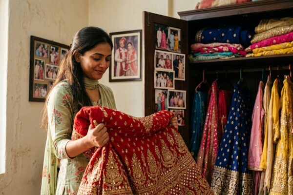 अलमारी में टंगे रंग-बिरंगे लेहंगे को देखती एक भारतीय महिला, शादी और पारिवारिक यादों में खोई हुई, भावनात्मक और यथार्थवादी दृश्य।