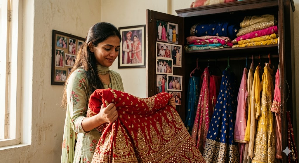 अलमारी में टंगे रंग-बिरंगे लेहंगे को देखती एक भारतीय महिला, शादी और पारिवारिक यादों में खोई हुई, भावनात्मक और यथार्थवादी दृश्य।