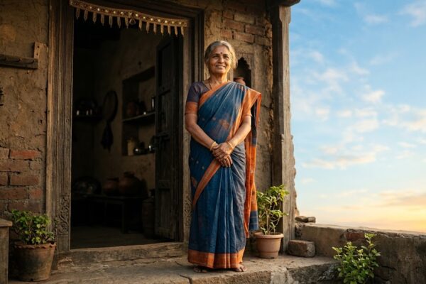 एक भारतीय महिला पारंपरिक घर की देहरी पर आत्मविश्वास के साथ खड़ी है।