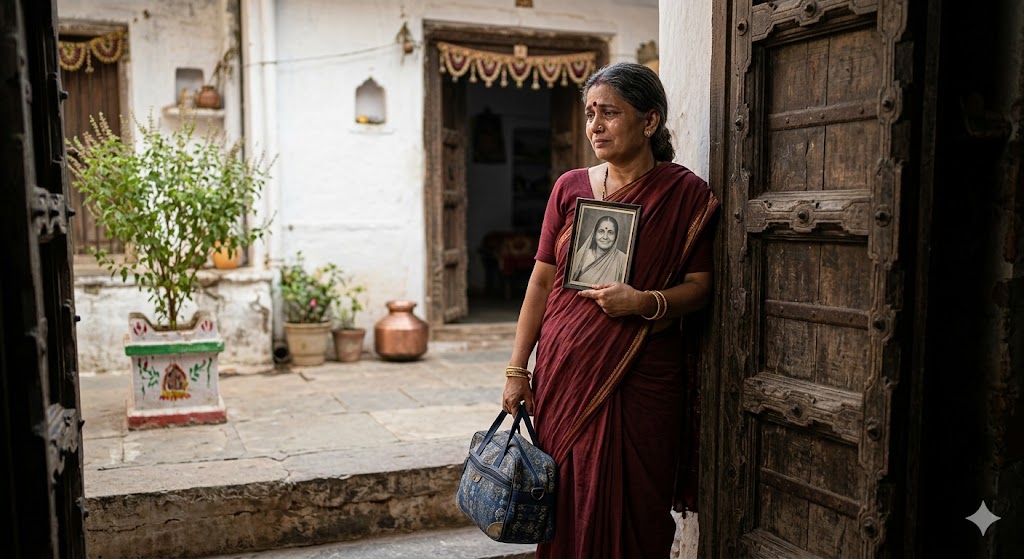 मायके के दरवाज़े पर खड़ी एक भावुक बेटी, माँ की तस्वीर को देखते हुए बीते दिनों को याद करती हुई।
