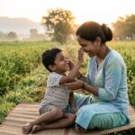 सूर्योदय की सुनहरी रोशनी में एक भारतीय माँ अपने वयस्क बच्चे के सिर पर स्नेहपूर्वक हाथ रखे खड़ी है। दोनों के चेहरे पर प्रेम, सम्मान और आत्मीयता झलक रही है। पृष्ठभूमि में हरे-भरे खेत, खिले हुए फूल और शांत आकाश दिखाई दे रहे हैं, जो मातृत्व, त्याग, संरक्षण और जीवन की प्रेरणा का प्रतीक हैं।