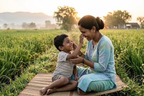सूर्योदय की सुनहरी रोशनी में एक भारतीय माँ अपने वयस्क बच्चे के सिर पर स्नेहपूर्वक हाथ रखे खड़ी है। दोनों के चेहरे पर प्रेम, सम्मान और आत्मीयता झलक रही है। पृष्ठभूमि में हरे-भरे खेत, खिले हुए फूल और शांत आकाश दिखाई दे रहे हैं, जो मातृत्व, त्याग, संरक्षण और जीवन की प्रेरणा का प्रतीक हैं।