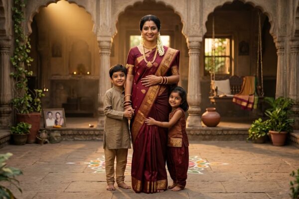भारतीय नारी के विभिन्न रूपों—बेटी, पत्नी और माँ—को दर्शाता एक प्रेरणादायक चित्र, जो स्त्री शक्ति, मातृत्व और गरिमा का प्रतीक है।