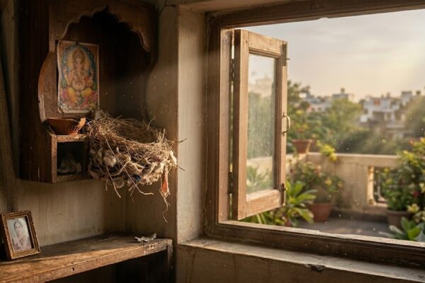 घोंसले से पहली बार उड़ान भरते गौरैया के बच्चे, पास में उनके माता-पिता और खिड़की से आती सुनहरी सुबह की रोशनी।