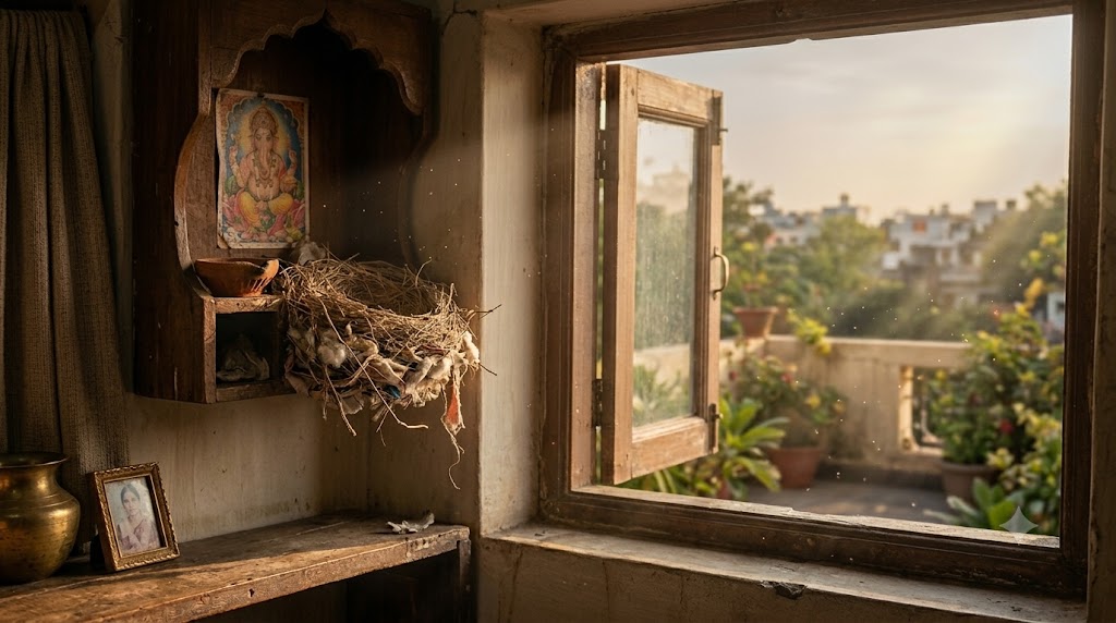 घोंसले से पहली बार उड़ान भरते गौरैया के बच्चे, पास में उनके माता-पिता और खिड़की से आती सुनहरी सुबह की रोशनी।