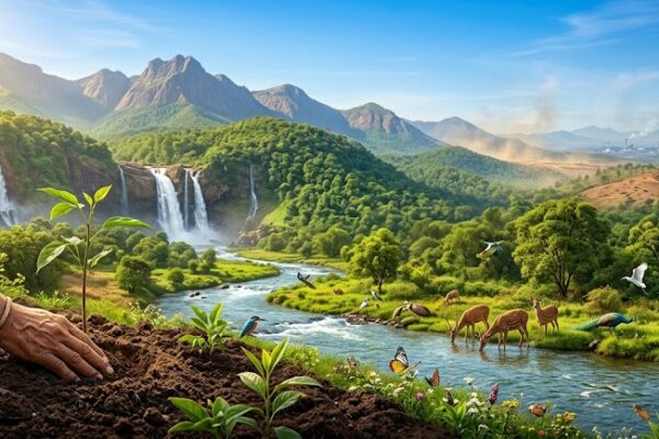 नीले आकाश, हरे-भरे जंगलों, पर्वतों, नदी और झरनों से सजा प्राकृतिक दृश्य, जहाँ एक व्यक्ति पौधा लगा रहा है। आसपास पक्षी और वन्यजीव दिखाई दे रहे हैं, जो पर्यावरण संरक्षण, जैव विविधता और धरती माता की सुंदरता का संदेश दे रहे हैं।