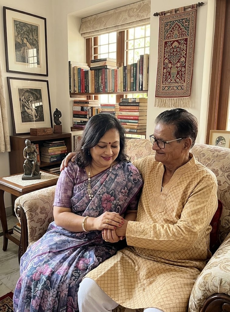 अपने परिवार के साथ खड़े एक स्नेही और संघर्षशील भारतीय पिता का भावपूर्ण दृश्य, जो प्रेम, त्याग, सुरक्षा और पारिवारिक मूल्यों का प्रतीक है।