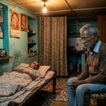 An elderly Indian father caring for his sick wife in a dimly lit room, reflecting loneliness, sacrifice, and the struggles of old age.