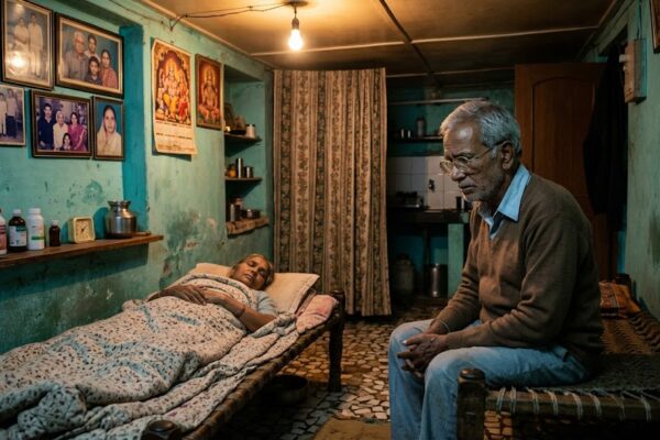 An elderly Indian father caring for his sick wife in a dimly lit room, reflecting loneliness, sacrifice, and the struggles of old age.