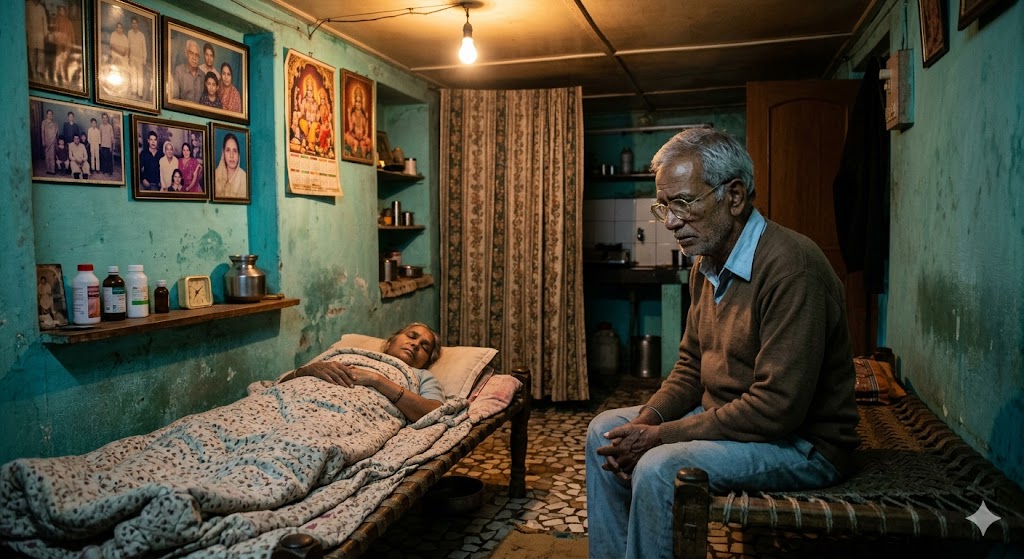 An elderly Indian father caring for his sick wife in a dimly lit room, reflecting loneliness, sacrifice, and the struggles of old age.