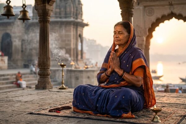 प्रार्थना में लीन एक व्यक्ति शांत वातावरण में ध्यानमग्न बैठा हुआ, आत्मिक शांति और आध्यात्मिक ऊर्जा का अनुभव करता हुआ।