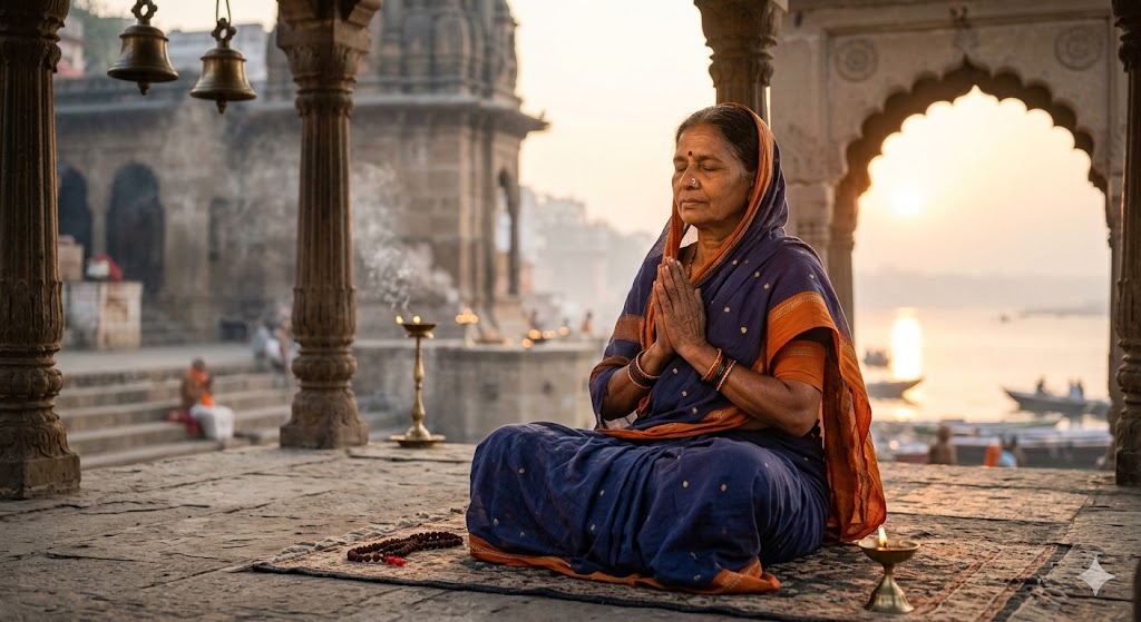 प्रार्थना में लीन एक व्यक्ति शांत वातावरण में ध्यानमग्न बैठा हुआ, आत्मिक शांति और आध्यात्मिक ऊर्जा का अनुभव करता हुआ।