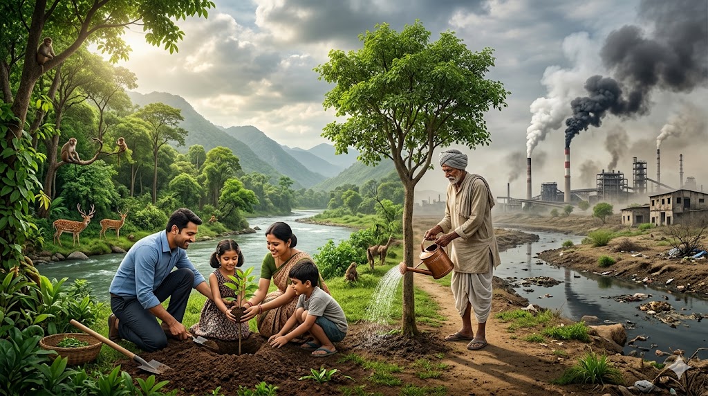 विश्व पर्यावरण दिवस के अवसर पर पेड़ लगाते लोग, हरित प्रकृति और पर्यावरण संरक्षण का संदेश देता यथार्थवादी दृश्य।