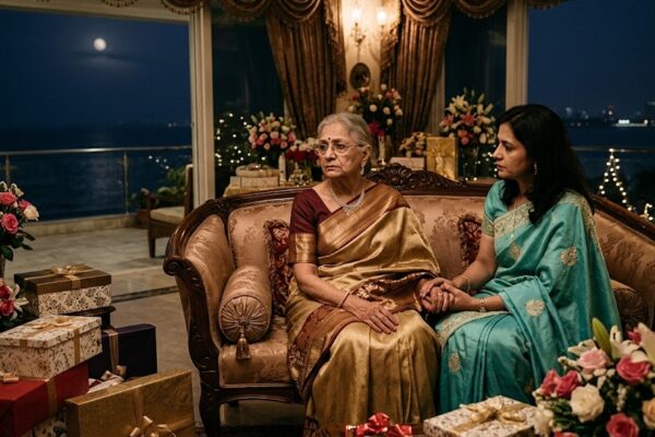 भव्य बंगले में जन्मदिन समारोह के बाद अकेली बैठी एक महिला, जिसके पास उसकी बहू सहानुभूति से बैठी है, रिश्तों और मानवता का भावनात्मक दृश्य।