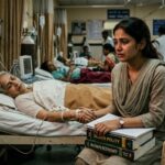 माँ के अस्पताल के बिस्तर के पास बैठी एक चिंतित बेटी, हाथ में किताब लिए हुए, त्याग और जिम्मेदारी का भावनात्मक दृश्य।