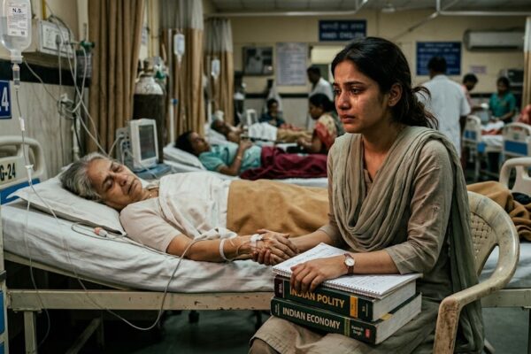 माँ के अस्पताल के बिस्तर के पास बैठी एक चिंतित बेटी, हाथ में किताब लिए हुए, त्याग और जिम्मेदारी का भावनात्मक दृश्य।