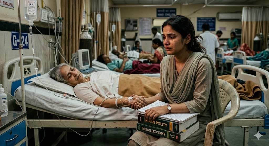 माँ के अस्पताल के बिस्तर के पास बैठी एक चिंतित बेटी, हाथ में किताब लिए हुए, त्याग और जिम्मेदारी का भावनात्मक दृश्य।