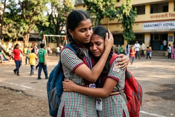 दो छोटी सहेलियाँ एक-दूसरे का हाथ थामे मुस्कुराती हुईं, सच्ची दोस्ती, विश्वास और अपनत्व का भावनात्मक दृश्य।