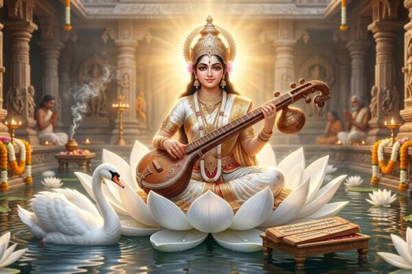 वीणा धारण किए श्वेत कमल पर विराजमान माँ सरस्वती का दिव्य और शांत स्वरूप।