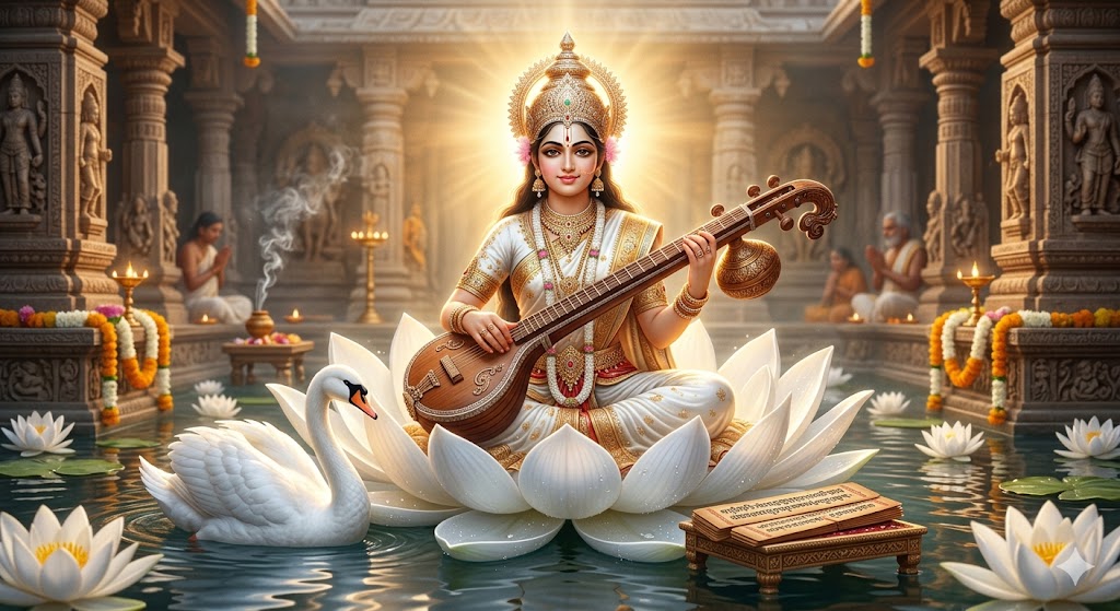 वीणा धारण किए श्वेत कमल पर विराजमान माँ सरस्वती का दिव्य और शांत स्वरूप।