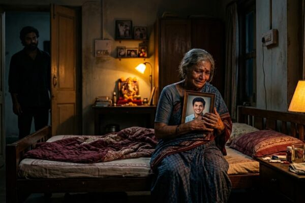 रात के समय अपने बेटे की तस्वीर को सीने से लगाकर बैठी एक वृद्ध भारतीय माँ, अकेलेपन और मातृत्व के गहरे भावों को दर्शाती हुई।