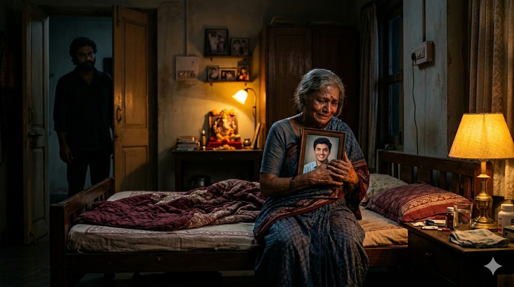 रात के समय अपने बेटे की तस्वीर को सीने से लगाकर बैठी एक वृद्ध भारतीय माँ, अकेलेपन और मातृत्व के गहरे भावों को दर्शाती हुई।