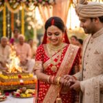 भारतीय पारंपरिक वेशभूषा में सजी नवविवाहिता अपनी माँग में सिंदूर धारण किए हुए, जीवनसाथी के साथ प्रेम, विश्वास और वैवाहिक समर्पण के भाव को दर्शाती हुई।
