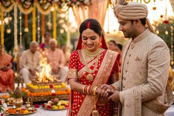 भारतीय पारंपरिक वेशभूषा में सजी नवविवाहिता अपनी माँग में सिंदूर धारण किए हुए, जीवनसाथी के साथ प्रेम, विश्वास और वैवाहिक समर्पण के भाव को दर्शाती हुई।