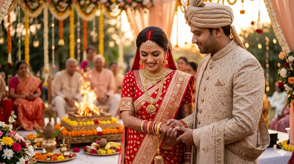 भारतीय पारंपरिक वेशभूषा में सजी नवविवाहिता अपनी माँग में सिंदूर धारण किए हुए, जीवनसाथी के साथ प्रेम, विश्वास और वैवाहिक समर्पण के भाव को दर्शाती हुई।